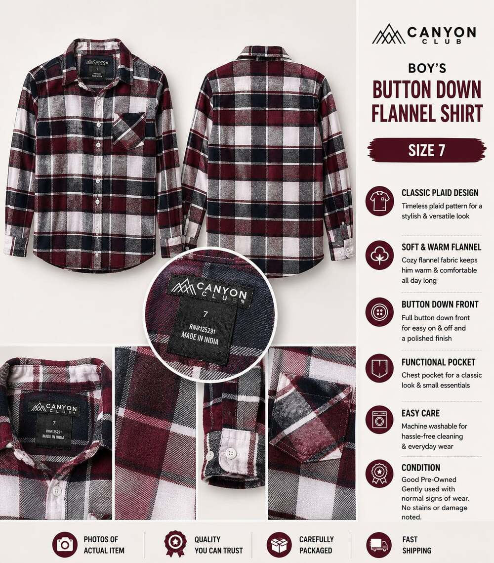 Canyon Club Boy's Burgundy Plaid Button Down Flannel Shirt Size 7